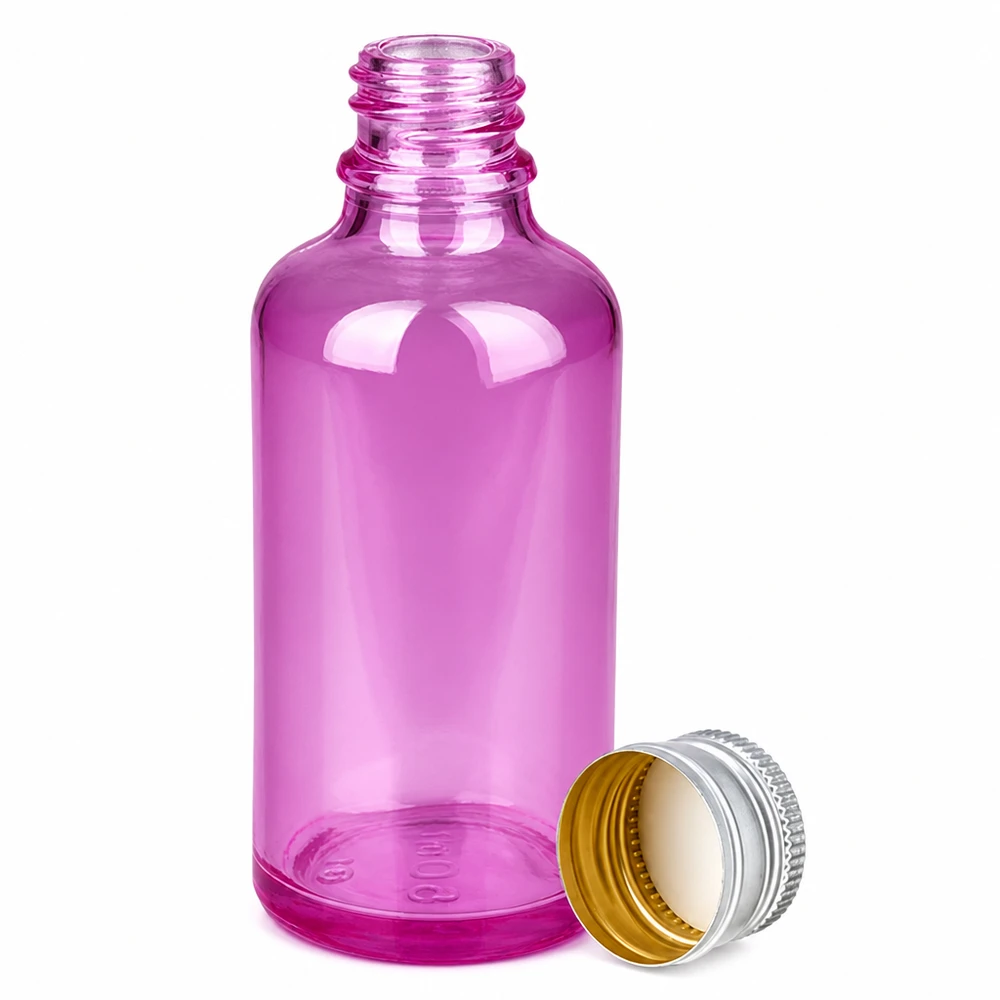 Bottiglia da 50ml tappo a vite 11mm alluminio-argento standard PurpleLine.UT18/50 Contenitore in vetro viola da 50 ml con apertura di 11 mm e sistema di chiusura in oro-argento