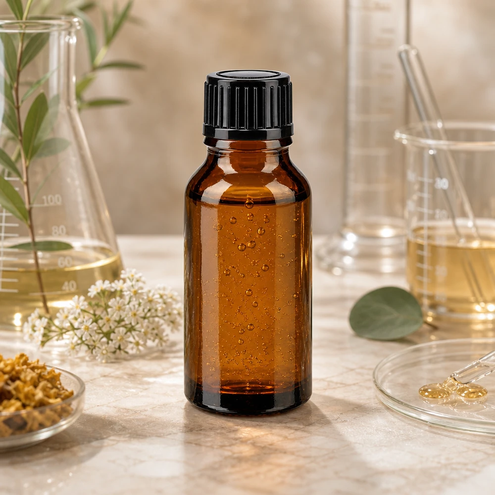 Bottiglia di vetro marrone da 15 ml con tappo a vite, tra erbe medicinali e strumenti da laboratorio