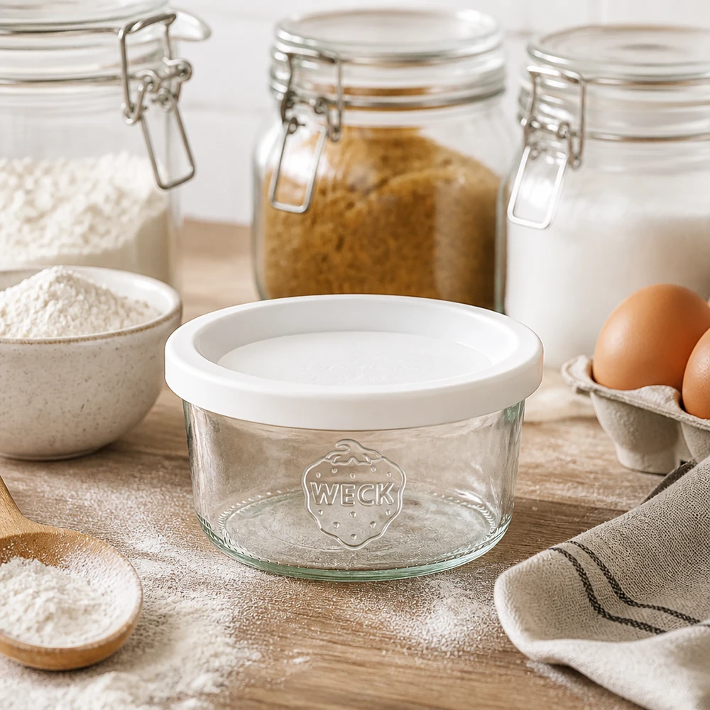 WECK 165ml tumbler RR80 con coperchio bianco tra ingredienti da forno farina e uova su tavolo di legno in cucina rustica