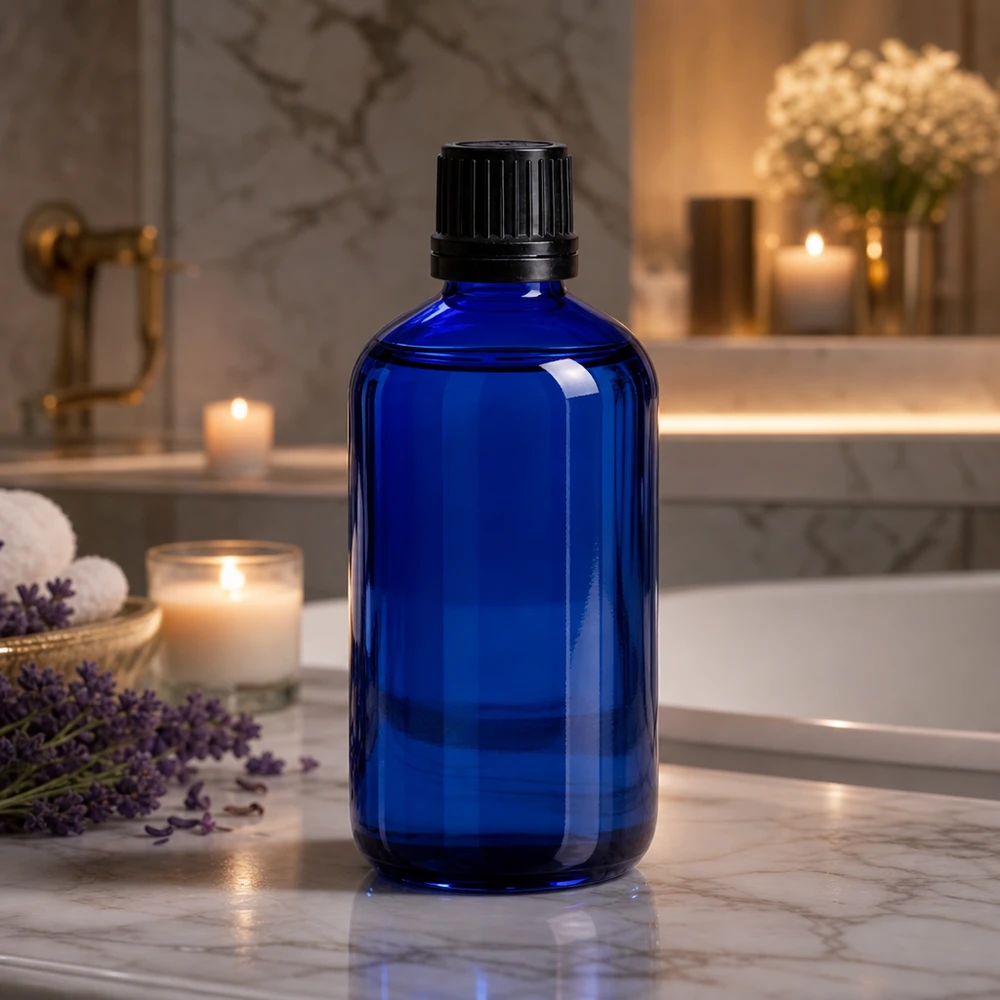 100ml ble. (Glo.)Bottiglia GR OV nero/8mm ApoGlas Flacone da farmacia da 100 ml blu cobalto con tappo originale nero in un elegante bagno