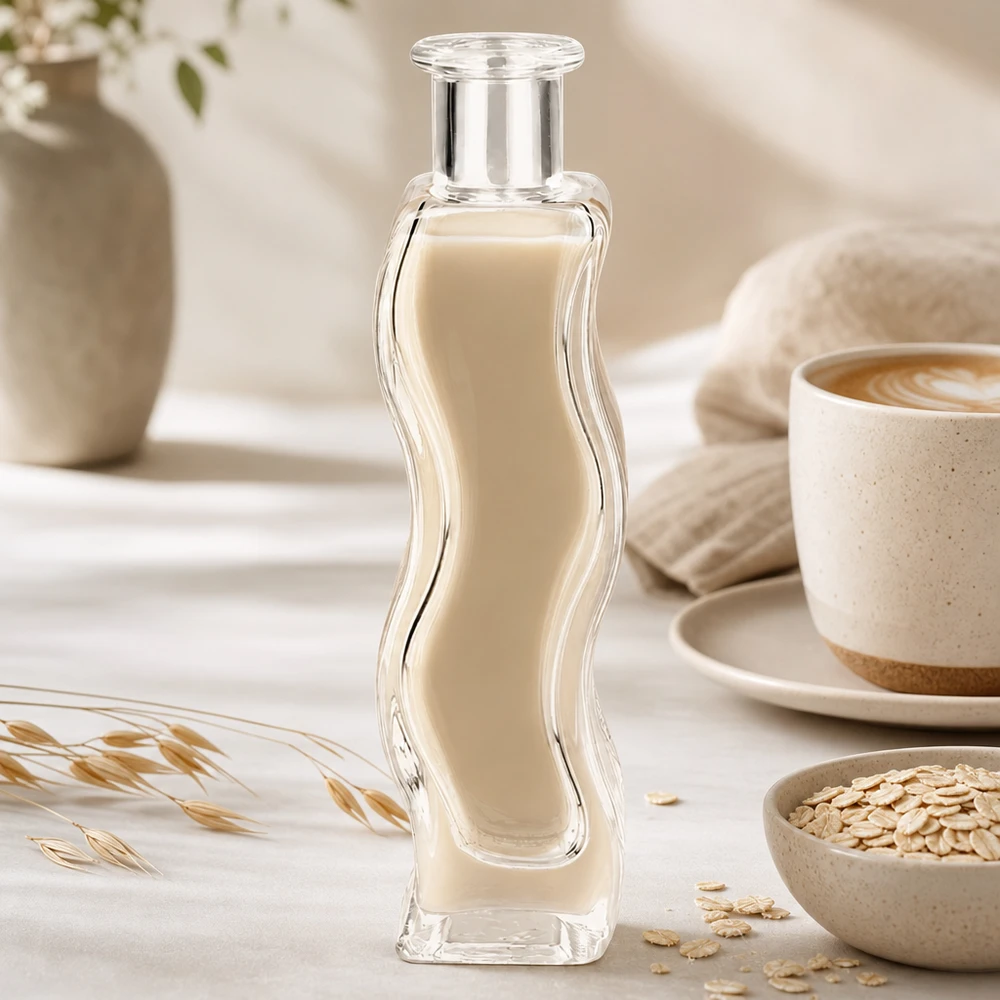 Flacone in vetro da 100 ml Melissa senza tappo UNiTWIST® Glasflasche Melissa 100ml mit cremiger Flüssigkeit in elegantem Wellness-Setting mit Haferflocken und Kaffeetasse