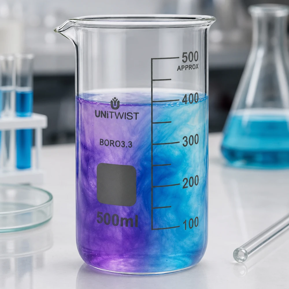 Bicchiere da laboratorio in vetro borosilicato da 500 ml, forma alta, con miscela di colori blu-viola