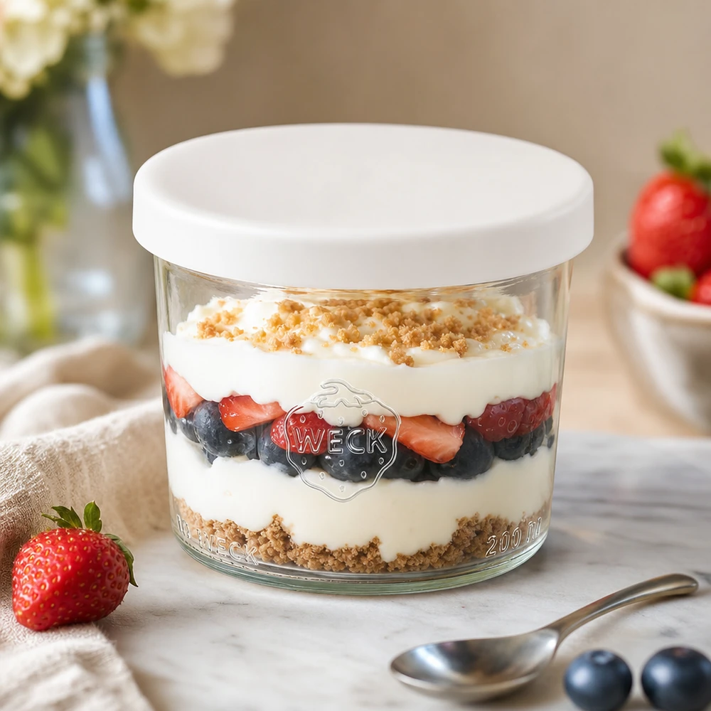 WECK tumbler 200ml RR80 con dessert a strati frutti di bosco yogurt bianco coperchio in silicone barattolo per dessert per dolci
