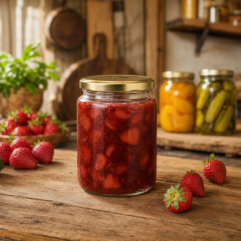 Vasetto per miele da 450 g con capsula dorata BasicSeal UNiTWIST Vasetto di miele da 450 g con coperchio dorato riempito di marmellata di fragole in cucina rustica Vasetto BasicSeal per creme alla frutta