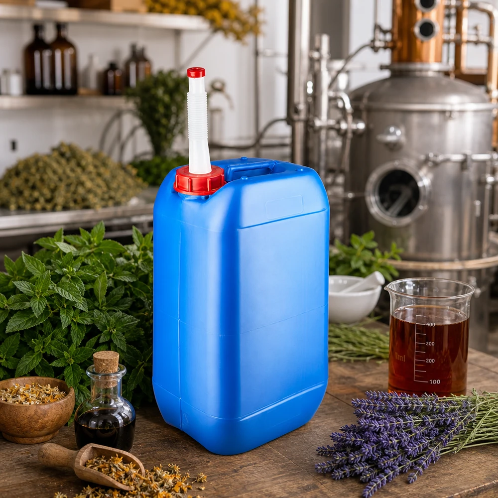 Tanica 15 litri blu con tubo di uscita Flex Tanica di plastica blu da 15 litri con tubo di scarico flessibile, tra le erbe aromatiche fresche e l'impianto di distillazione