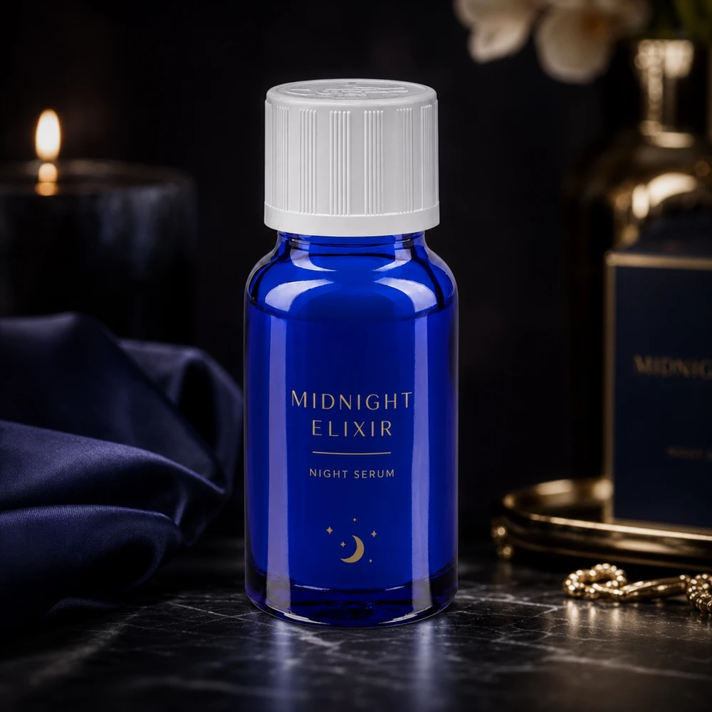 Siero notturno Midnight Elixir in flacone contagocce da 10 ml in vetro da farmacia blu cobalto su base di marmo