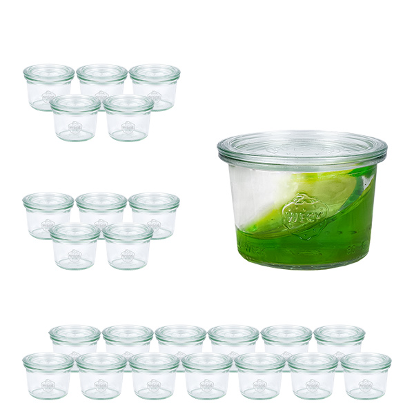 Set di 24 tumbler Weck da 80 ml con 24 coperchi in vetro Set di 24 tumbler Weck da 80 ml con 24 coperchi in vetro
