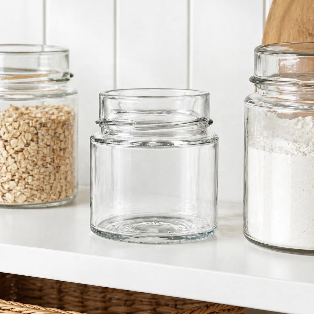 UNiTWIST Runda135 - Barattolo rotondo capacità 135ml TO58deep UNiTWIST Runda135 barattolo di vetro rotondo 135ml TO58deep barattolo di vetro vuoto per la conservazione in cucina accanto ai barattoli di stoccaggio pieni