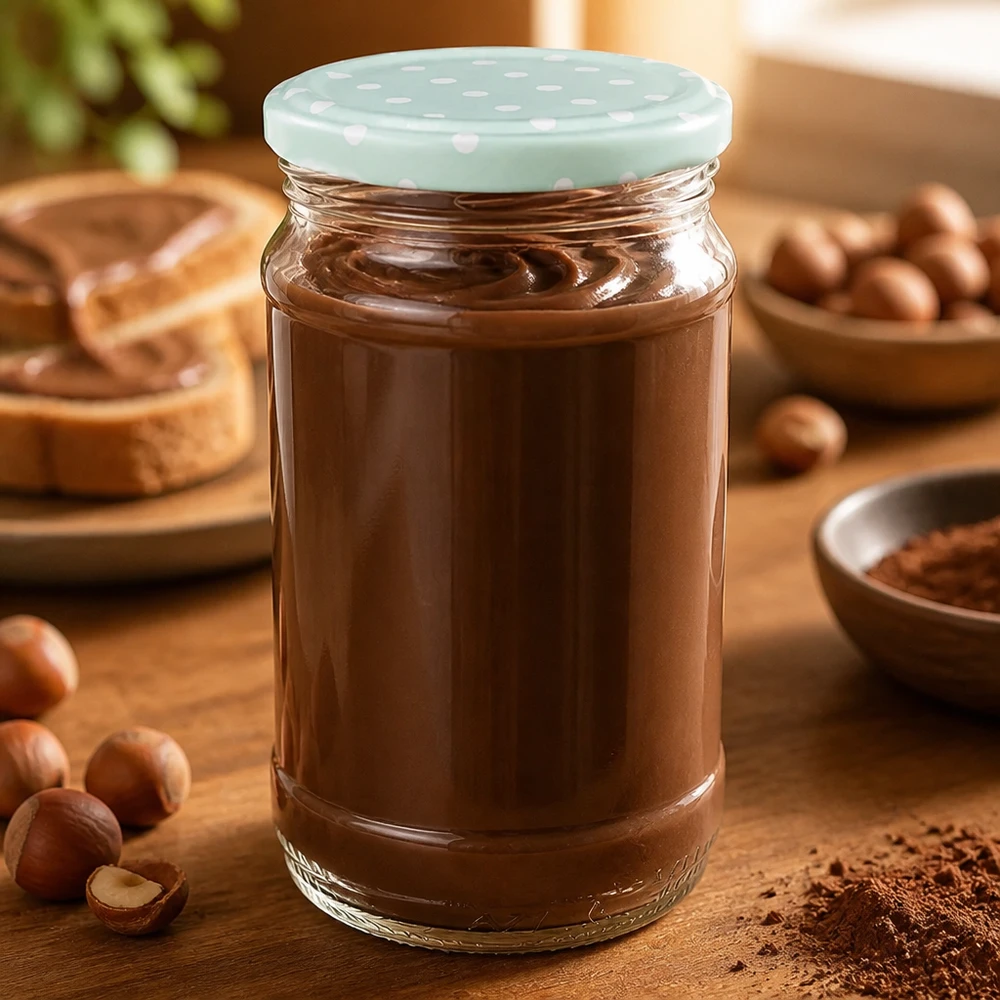 Crema spalmabile al cioccolato in un barattolo di vetro rotondo UNiTWIST da 370 ml con coperchio BasicSeal verde menta, accanto alle nocciole