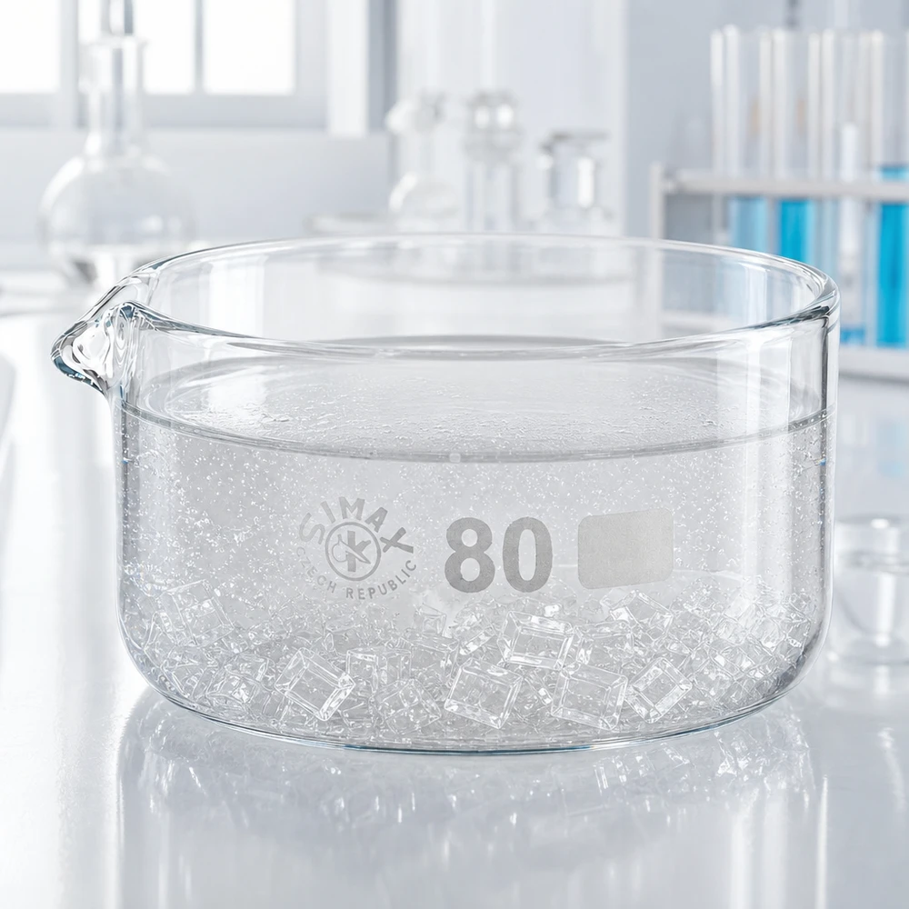 Piatto per cristallizzazione da 150ml con beccuccio Bo.. ø80mm Vaschetta di cristallizzazione piatta da 150 ml con cubetti di ghiaccio e beccuccio, in vetro da laboratorio trasparente, ø 80 mm