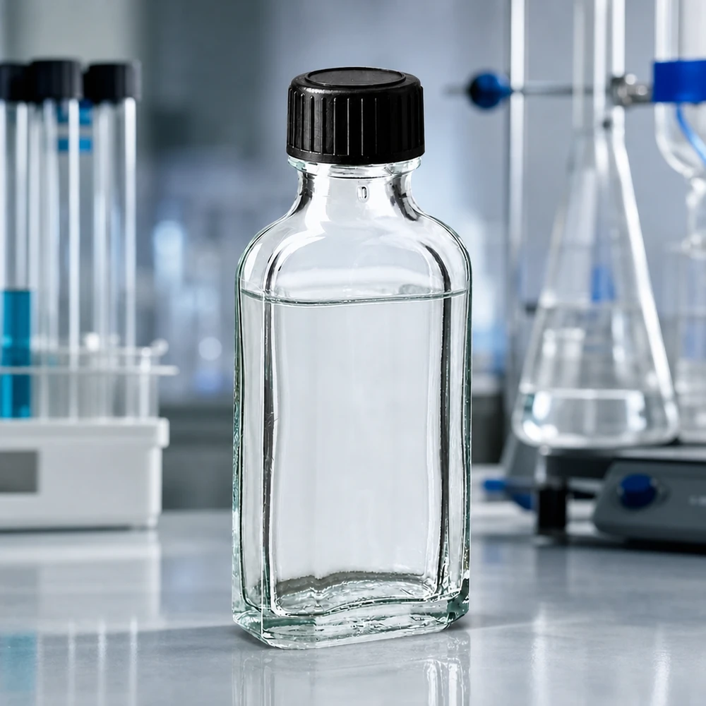 Tappo a vite trasparente Meplat da 50 ml con disco di tenuta in EPE Flacone di vetro Meplat trasparente da 50 ml con disco di tenuta in EPE e tappo nero in ambiente di laboratorio