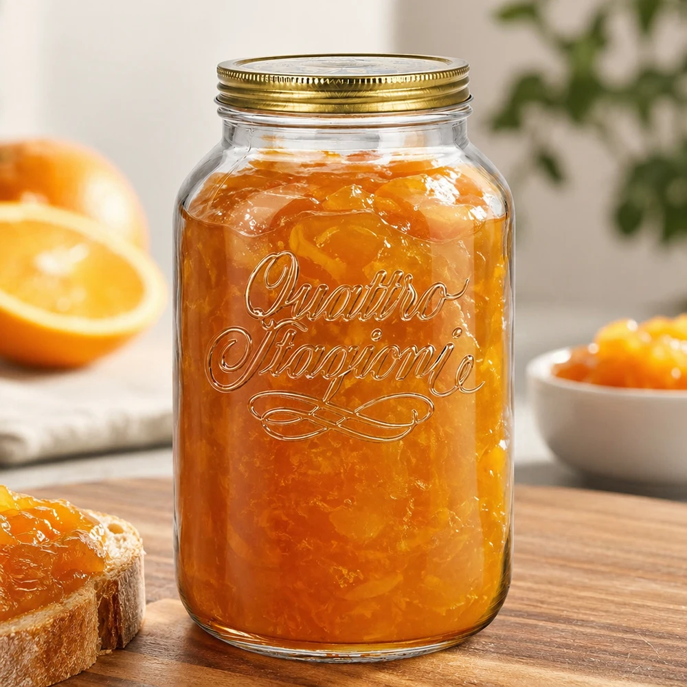 Quattro Stagioni vaso da 3800 ml pieno di marmellata di arance su una tavola di legno con arance fresche e pane
