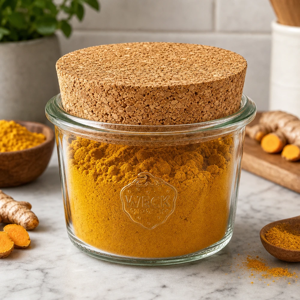 Bicchieri da 80ml WECK RR60 con tappo in sughero naturale WECK tumbler 80ml RR60 con tappo in sughero naturale riempito con polvere di curcuma per conservare le spezie in cucina