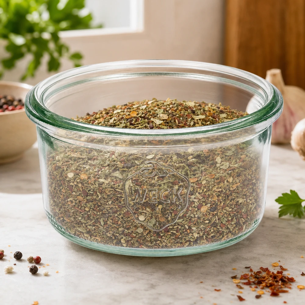 WECK 165ml RR80 mason jar riempito di erbe aromatiche su un bancone da cucina con spezie e piante sullo sfondo