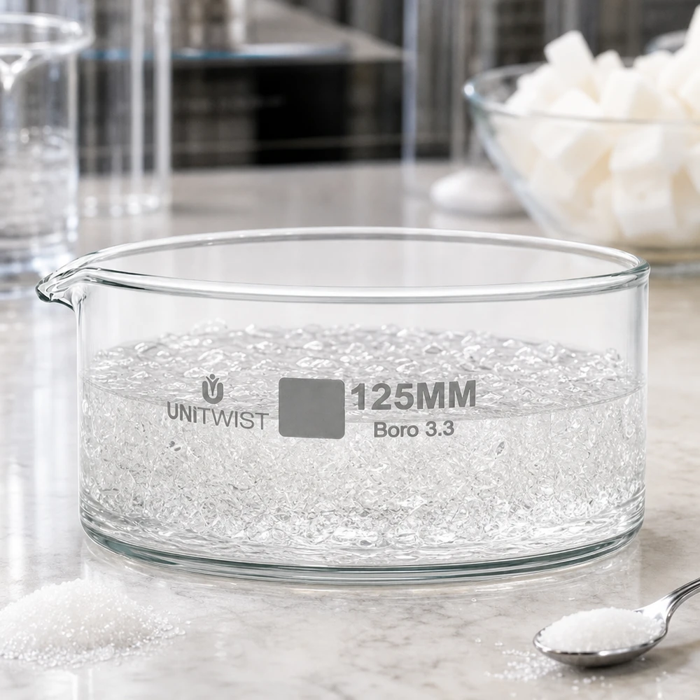 Piatto per cristallizzazione ø125mm in vetro borosilicato UNiTWIST Ciotola per cristallizzazione da 125 mm UNiTWIST Boro 3.3 con cristalli di zucchero bianchi su superficie in marmo