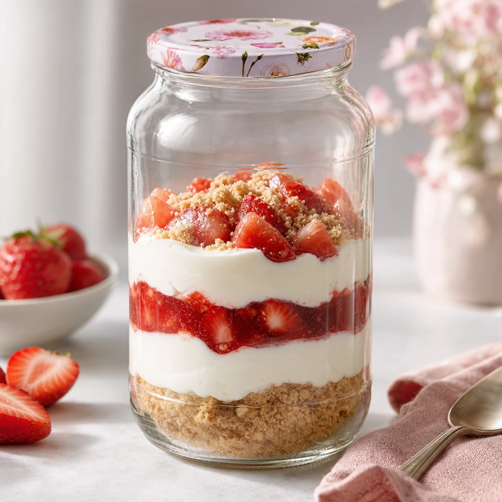 Barattolo rotondo da 1062 ml + coperchio BasicSeal rosa fiore UNiTWIST Dessert a strati in vasetto rotondo da 1062 ml con coperchio a fiore rosa Fragole e panna Base di biscotto Tappo BasicSeal Dessert