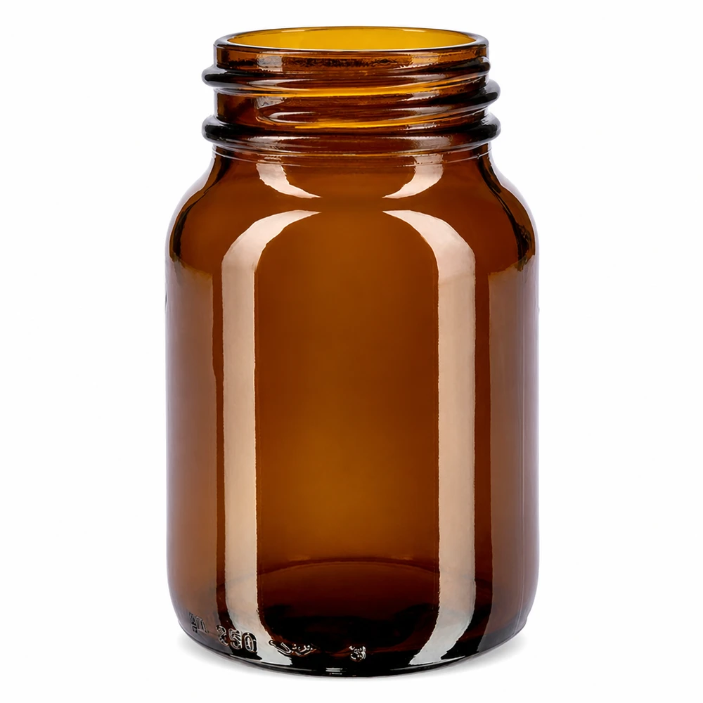 bottiglia a collo largo da 250 ml in vetro ambrato Bottiglia da 250 ml in vetro ambrato a collo largo con ampia apertura per un facile riempimento