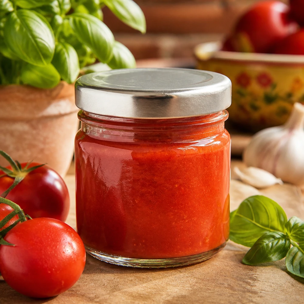 Vaso di vetro rotondo UNiTWIST da 33 ml riempito con sugo di pomodoro rosso e coperchio twist-off argentato