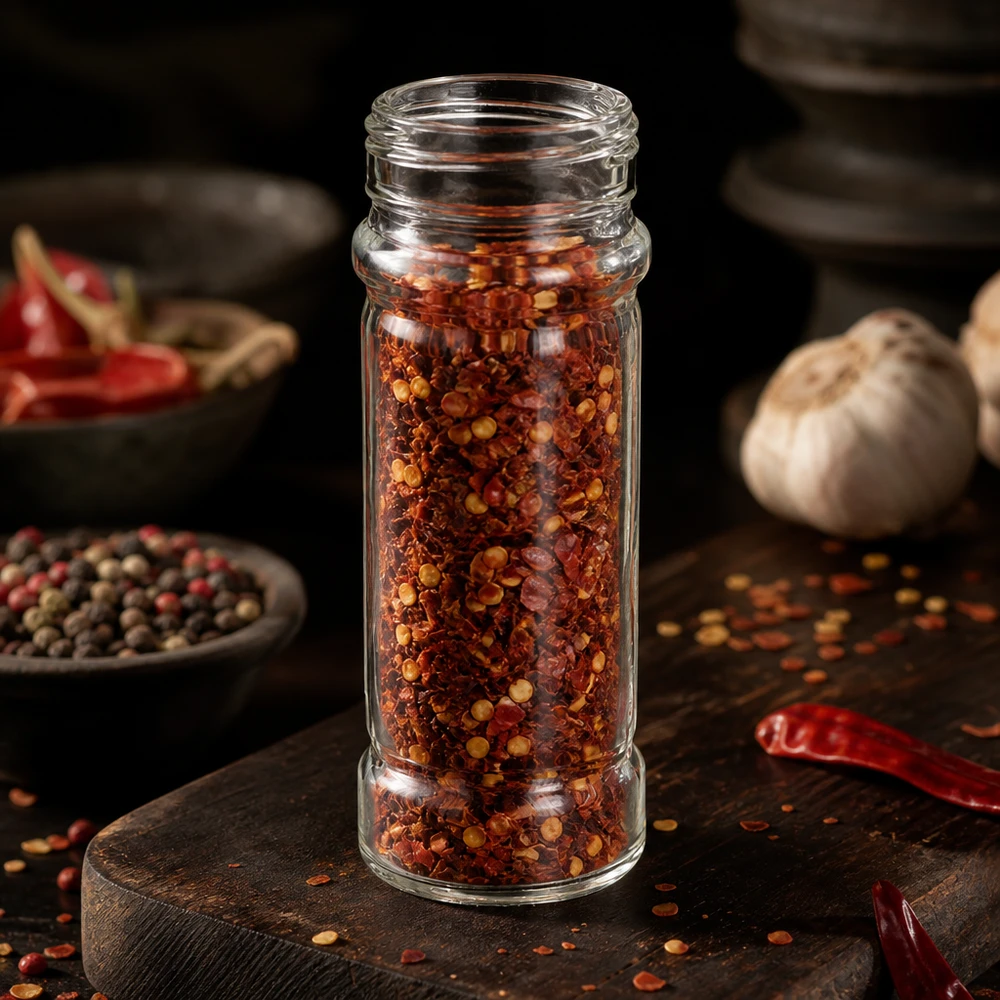 Barattolo per spezie Mary da 100 ml riempito con fiocchi di peperoncino, accanto ad aglio e grani di pepe