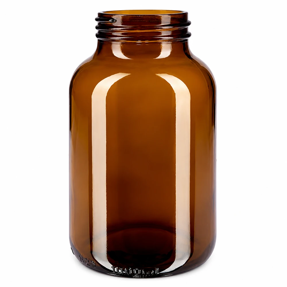 bottiglia a collo largo da 1000ml in vetro ambrato Bernsteinfarbene Glasflasche 1000ml mit breiter Öffnung für Pulver und Flüssigkeiten
