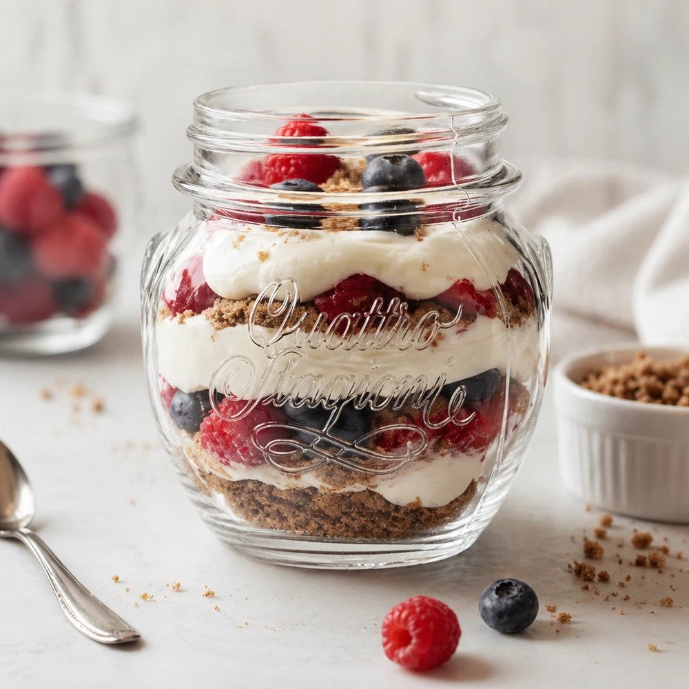 Bicchiere casalingo Quattro Stagioni da 300 ml riempito con un dessert a strati di frutti di bosco, crema e briciole di biscotto