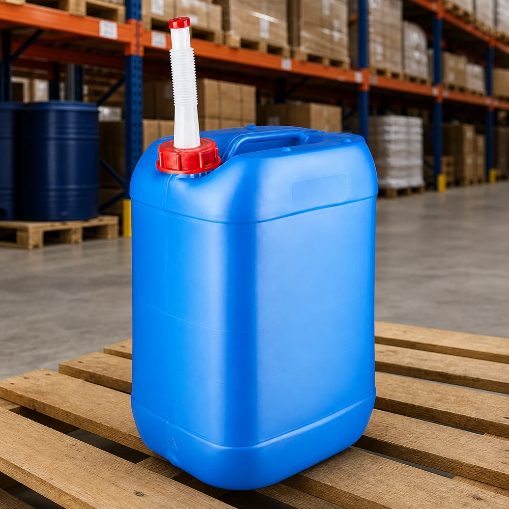 Tanica 25 litri blu con tubo di uscita Flex Tanica in plastica impilabile da 25 litri, blu, con beccuccio flessibile, su pallet di legno in magazzino