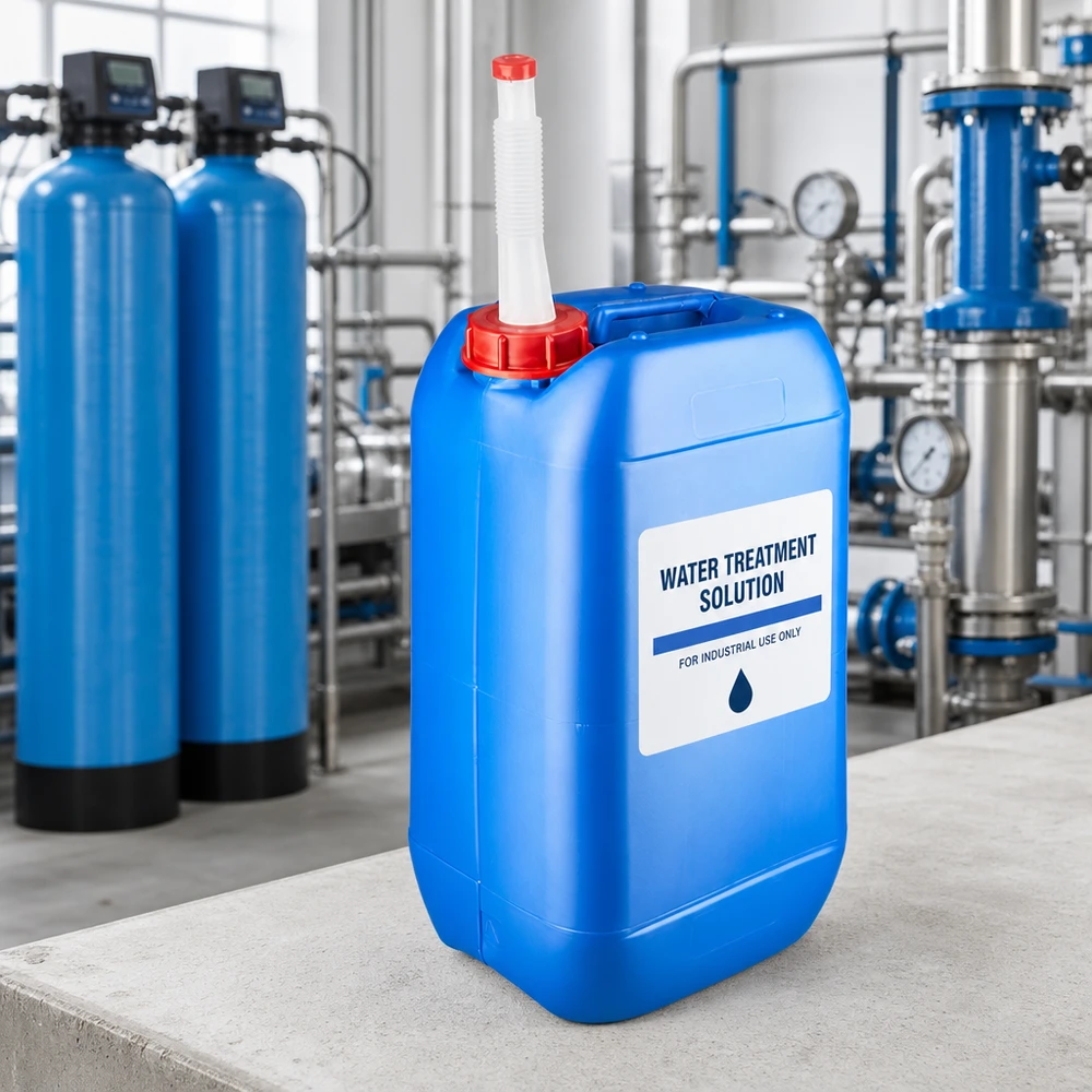 Tanica 15 litri blu con tubo di uscita Flex Contenitore per il trattamento dell'acqua da 15 L, blu con tubo di scarico flessibile bianco, per uso industriale