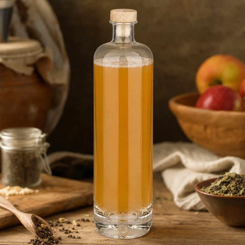 Bottiglia di Ella da 700 ml in vetro con tintura dorata e tappo in legno circondata da spezie e frutta in una cucina rustica
