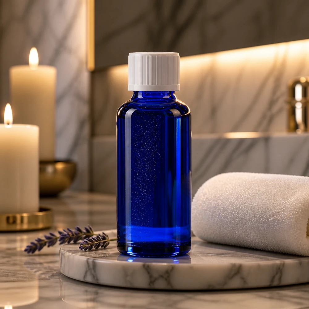 Contagocce blu da 30 ml. STD KiSi bianco/1,2mm ApoGlas Lussuoso flacone in vetro da 30 ml color blu cobalto con tappo di sicurezza bianco, presentato su un elegante vassoio in marmo