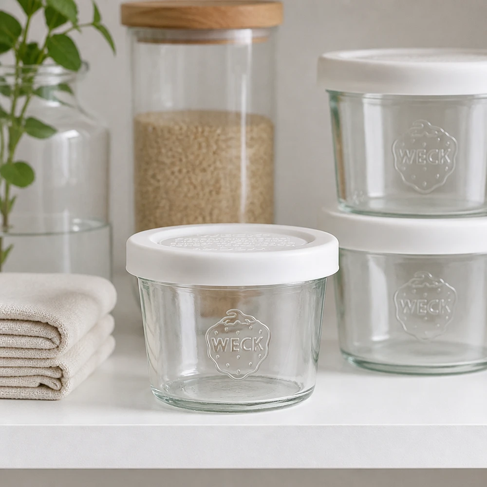 WECK 35ml RR40 tumblers su un moderno scaffale da cucina con altri barattoli di stoccaggio, soluzione di stoccaggio elegante
