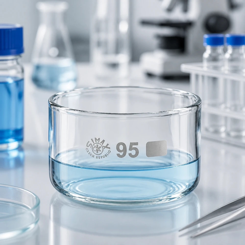 Piatto per cristallizzazione da 300ml senza beccuccio Bo. ø95mm Vaschetta di cristallizzazione da 300 ml con liquido blu nel laboratorio Simax, in vetro borosilicato, ø 95 mm