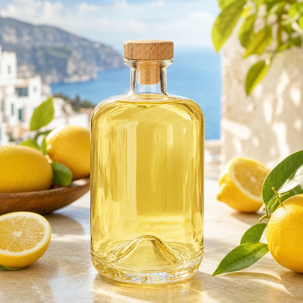 Flacone farmaceutico da 700 ml Sofia con tappo in sughero con impugnatura in legno UNiTWIST® Bottiglia in vetro di Sofia da 700 ml con tappo in legno riempita di liquore al limone giallo in un'ambientazione costiera mediterranea con limoni