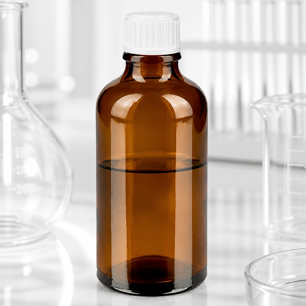 Flacone contagocce in vetro ambrato da 50 ml con tappo di sicurezza per bambini bianco in laboratorio