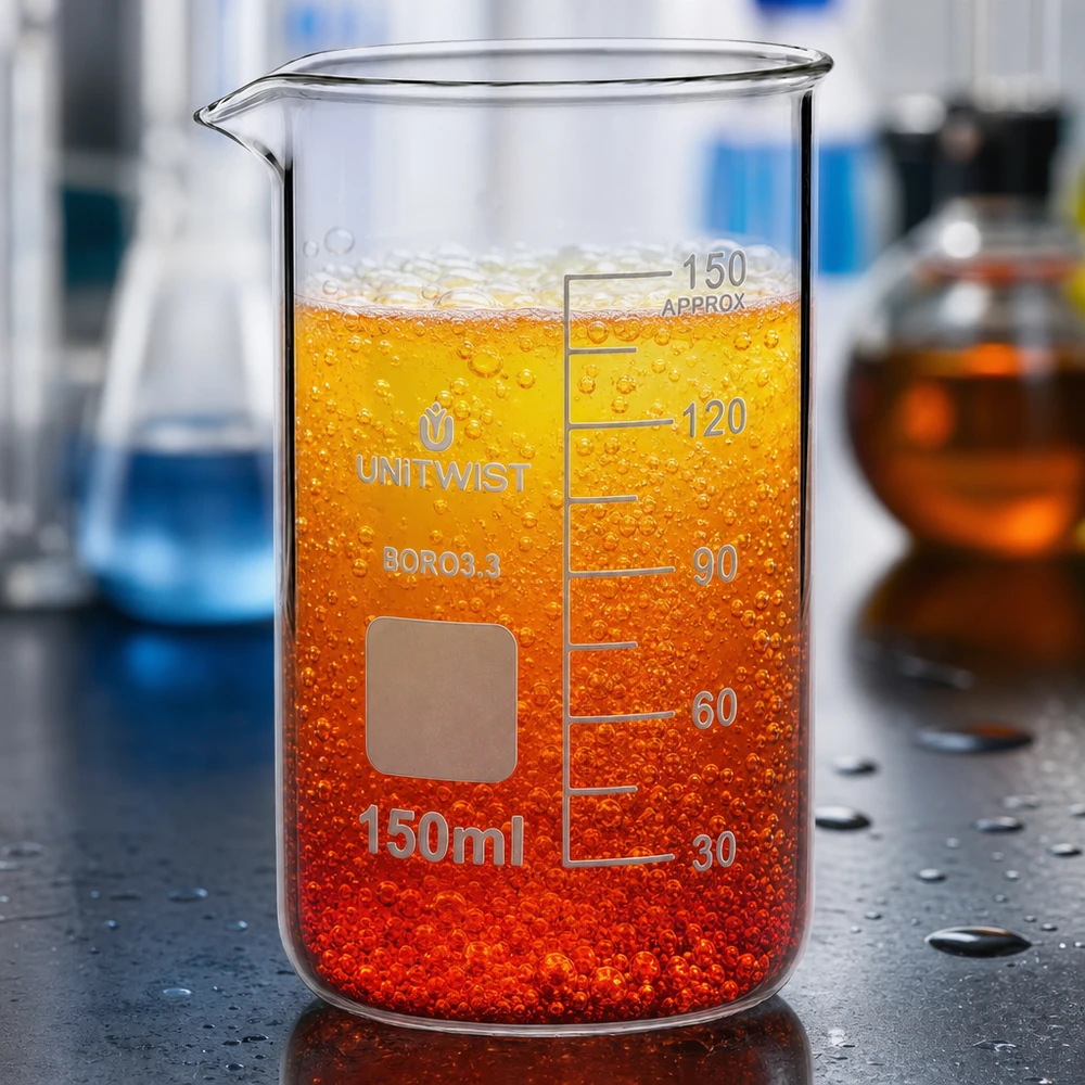 UNITWIST: becher in vetro borosilicato da 150 ml, forma alta, con liquido rosso-arancio e formazione di bolle in laboratorio