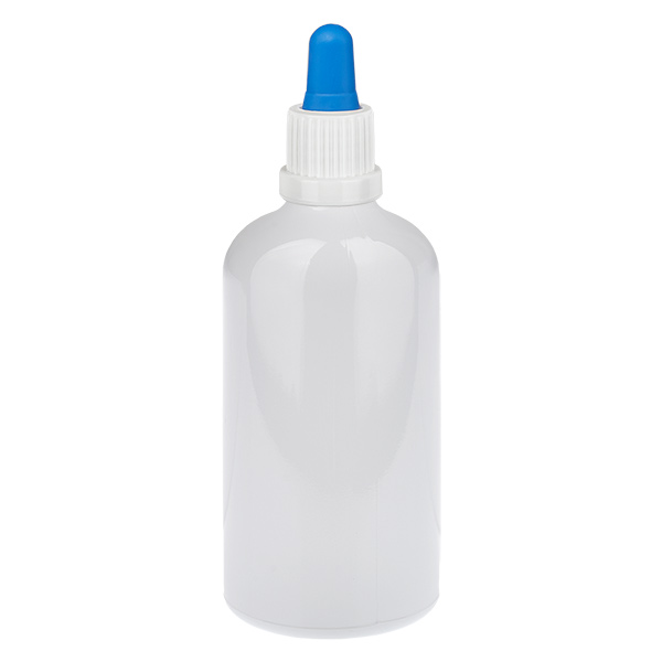 Flacone con pipetta da 100 ml bianco/blu Tappo antimanomissione WhiteLine UT18/100 Flacone con pipetta da 100 ml bianco/blu Tappo antimanomissione WhiteLine UT18/100