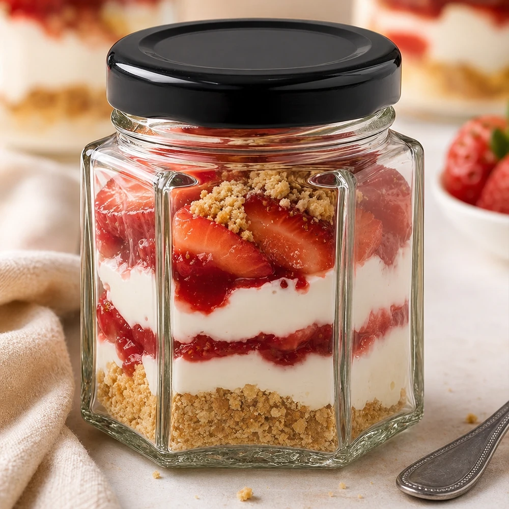 Barattolo hexa da 47 ml con coperchio BasicSeal nero UNiTWIST. Bicchiere hexa da 47 ml con coperchio nero come bicchiere da dessert con un dessert a strati di fragole, panna e briciole di biscotti