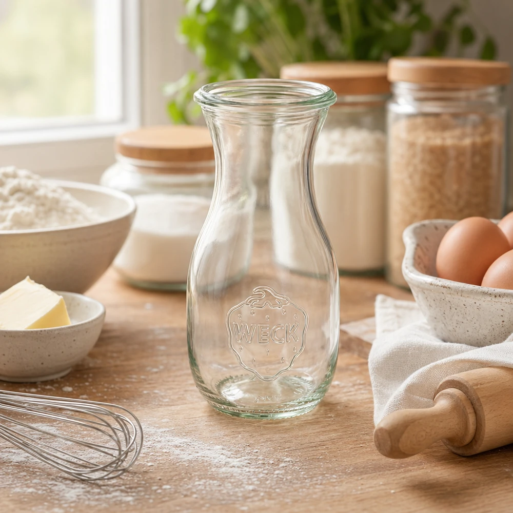 Bottiglia di succo WECK da 290 ml RR60 su un tavolo di legno tra ingredienti da forno come uova, farina e utensili da cucina in un'atmosfera accogliente