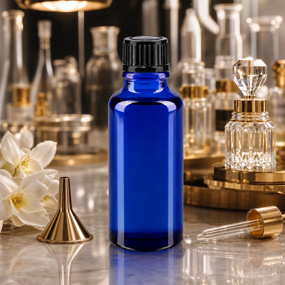 Flacone contagocce blu da 30 ml STD nero/1mm ApoGlas Flacone contagocce STD da 30 ml blu reale con beccuccio di precisione da 1 mm, accanto a un imbuto dorato e a una caraffa di cristallo