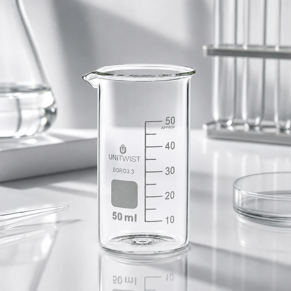 Becher vuoto da 50 ml, forma alta, borosilicato 3.3 UNITWIST, tra le attrezzature da laboratorio su una superficie bianca