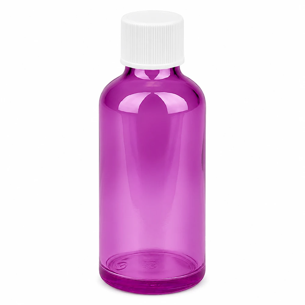 Flacone da 50ml con tappo a vite 11mm bianco standard PurpleLine UT18/50 Flacone rotondo da 50 ml in vetro viola con tappo SV bianco da 11 mm per farmacie