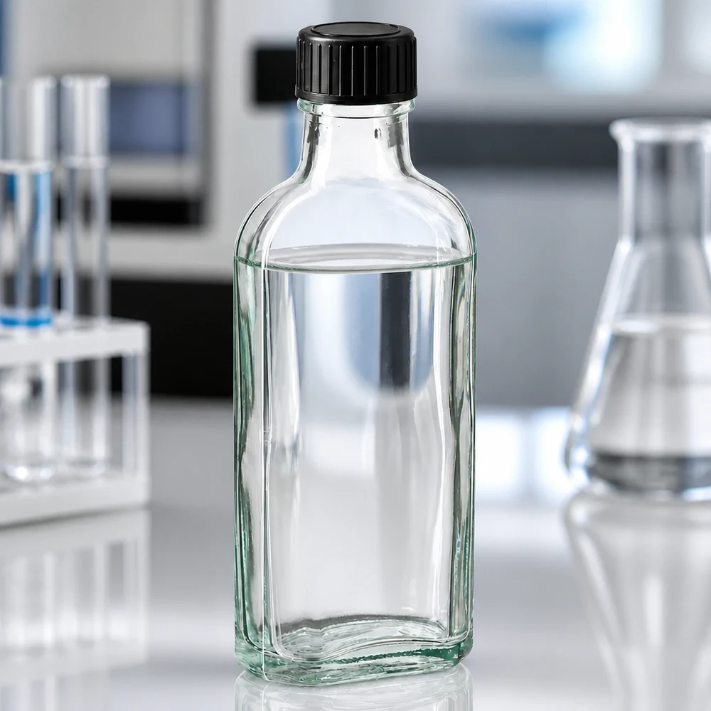Tappo a vite trasparente Meplat da 100 ml con disco di tenuta in EPE Flacone di vetro rettangolare da 100 ml con tappo a vite nero, riempito per metà con un liquido trasparente, in laboratorio