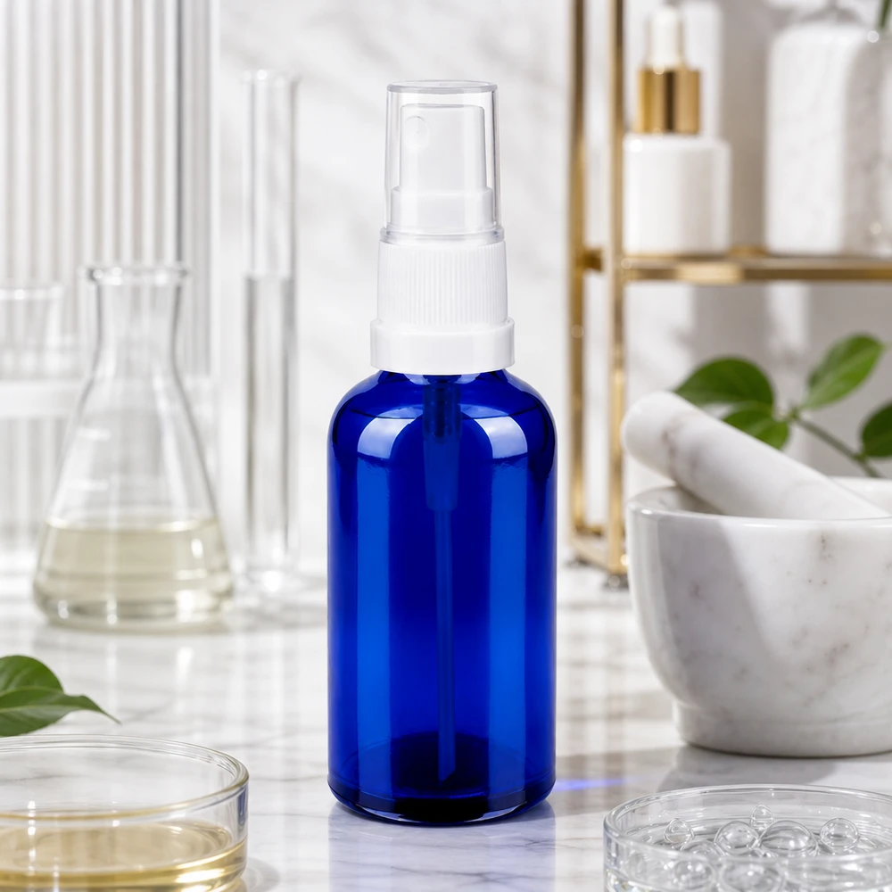 Flacone spray da 50 ml bianco/tr. STD BlueLine UT18/50 Pratico flacone a pompa da 50 ml per viaggiare e utilizzare i prodotti per la cura in viaggio