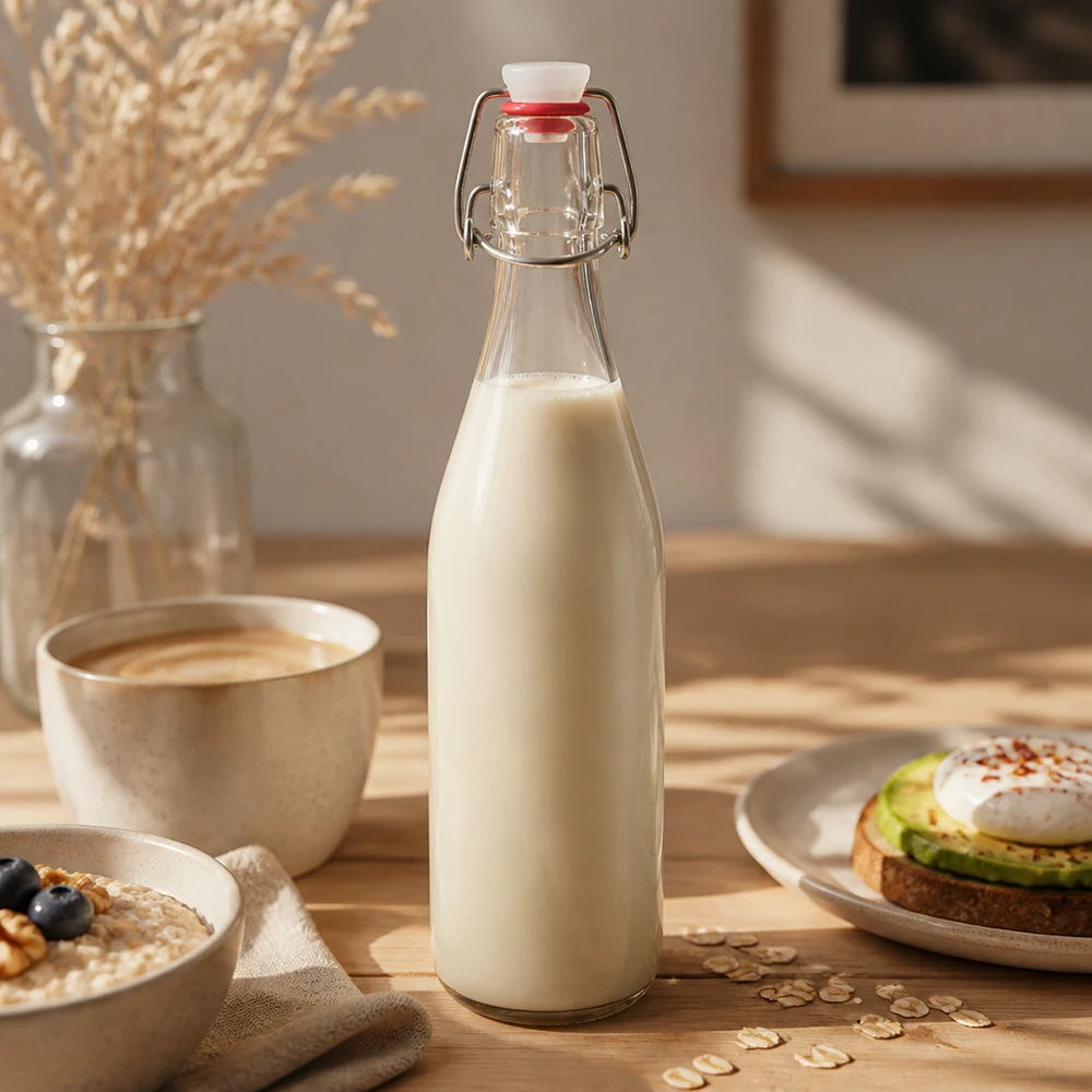 Bottiglia di vetro da 500 ml + tappo a battente in PVC UNiTWIST Bottiglia di vetro da 500 ml con tappo oscillante riempita di latte d'avena, caldo ambiente per la colazione, sostituto del latte vegetale