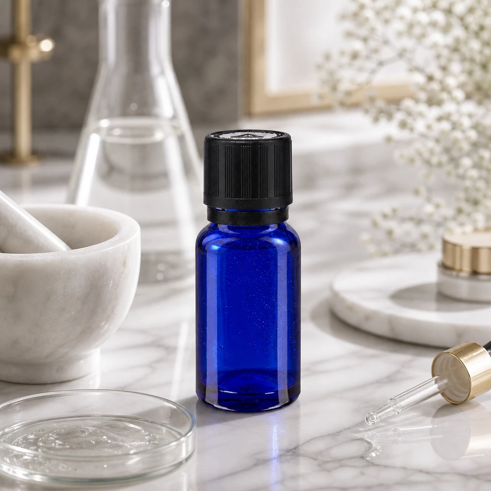Flacone di vetro blu da 10 ml con tappo contagocce nero su una superficie di marmo, accanto a un matraccio di Erlenmeyer e a un mortaio