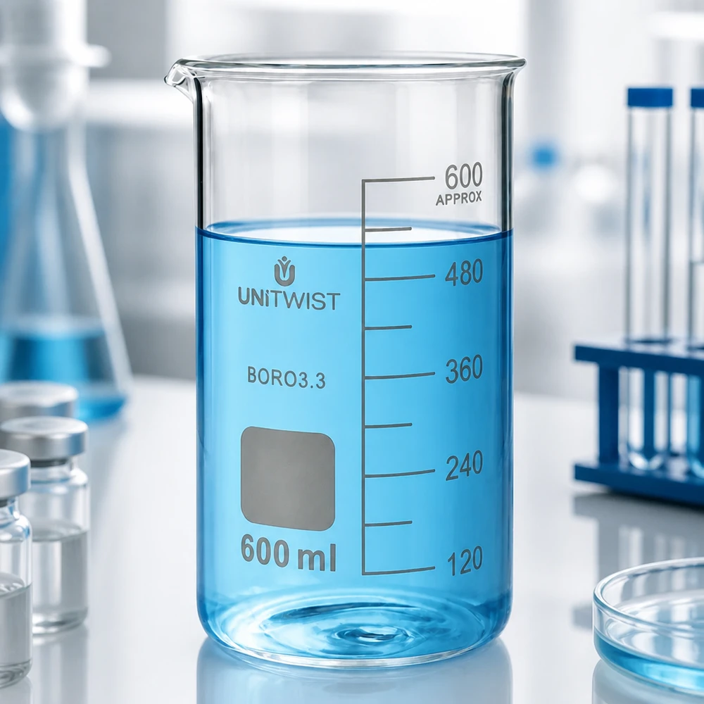 Bicchiere UNITWIST da 600 ml, modello alto, in borosilicato, con scala graduata precisa in ml fino a 480 ml