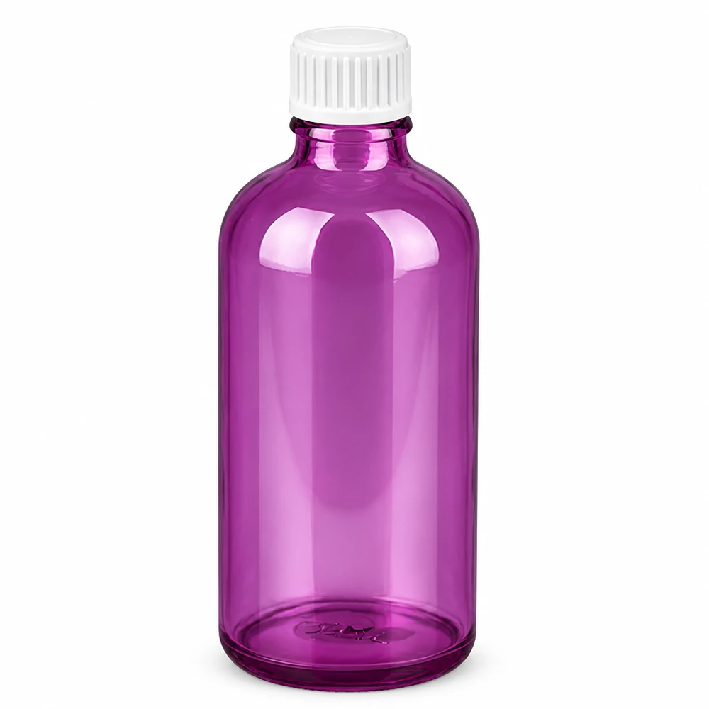Flacone da 100 ml (globuli) con anello versatore da 3 mm bianco Standard PurpleLine. UT18/100 Bottiglia piccola da 100 ml in vetro spesso di colore viola con pratico tappo a vite