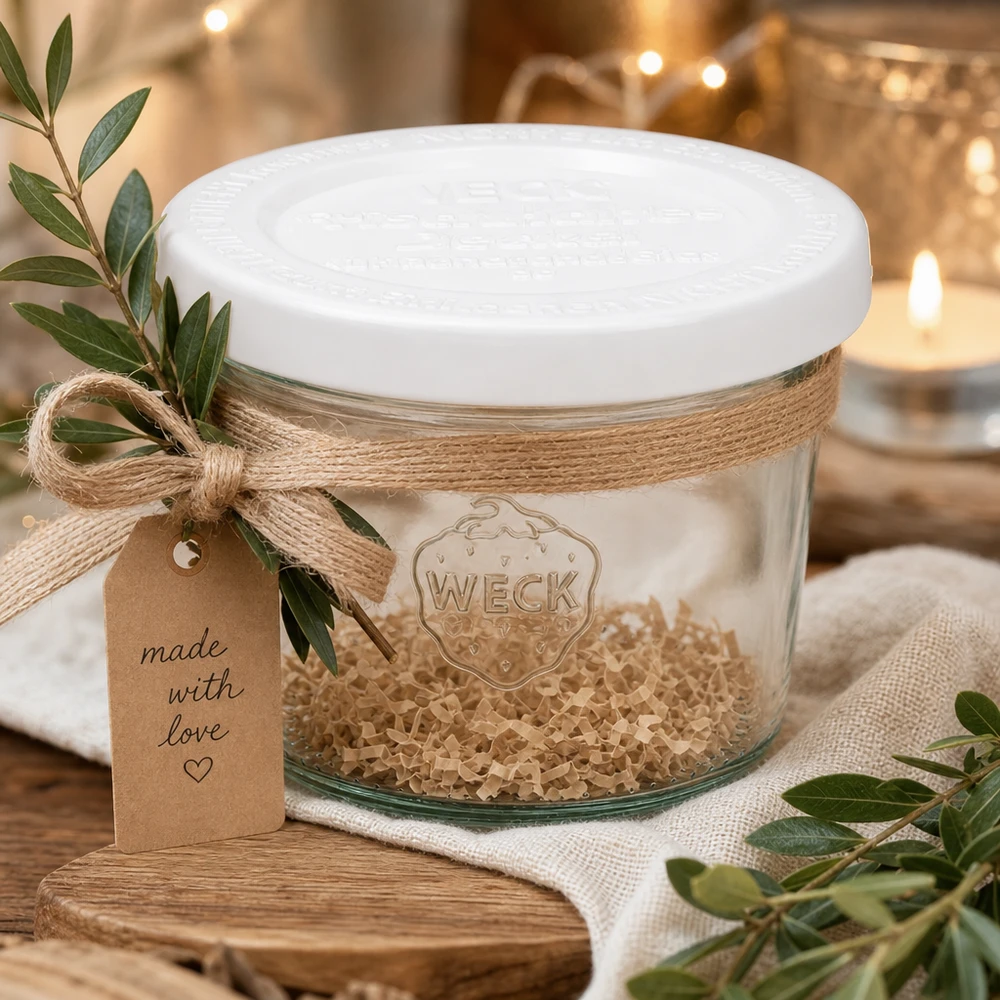 WECK 80ml tumbler RR60 disposti in modo decorativo con tag regalo in corda di iuta e rami di ulivo su legno rustico