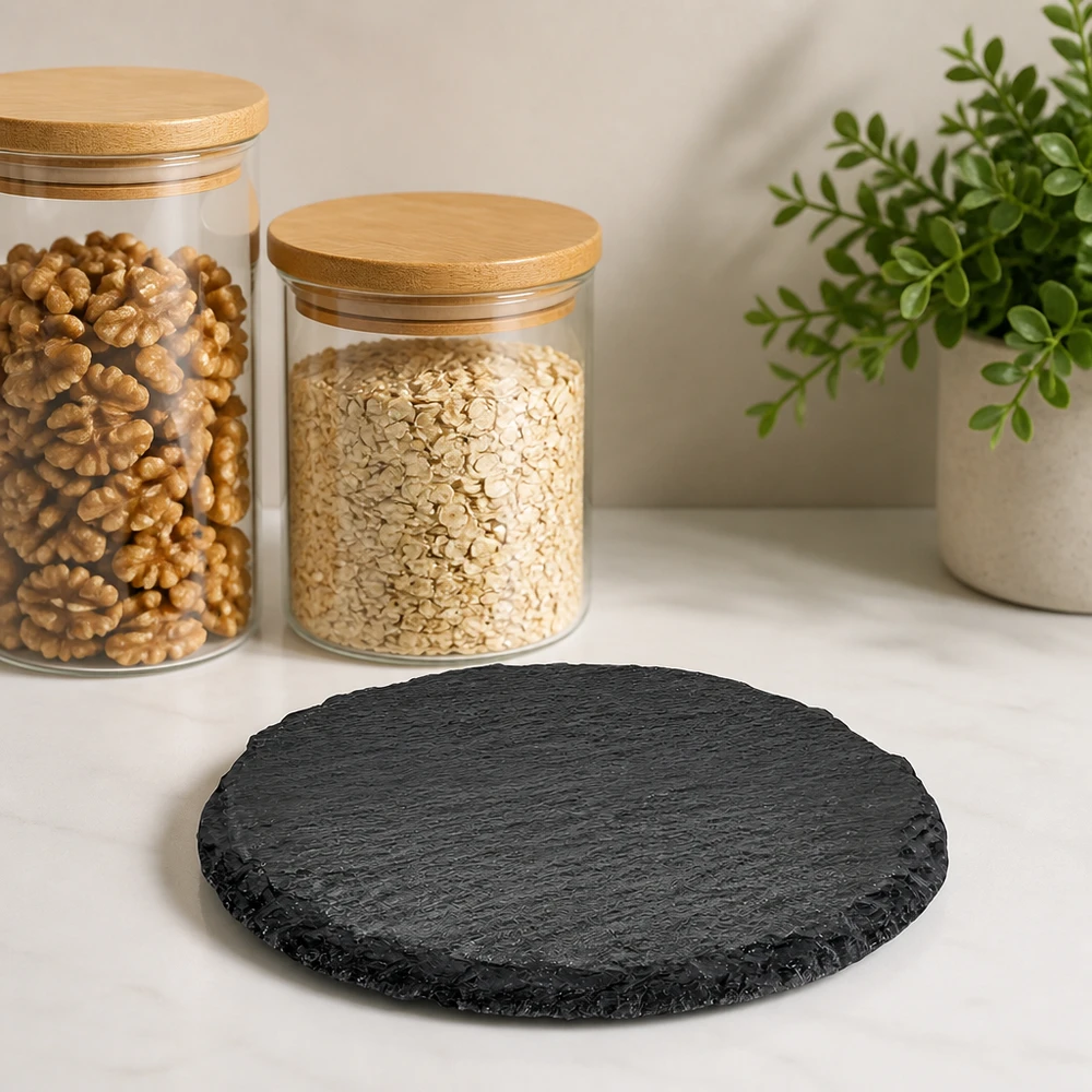 Piatto da portata rotondo in ardesia Ø 150 mm Piatto rotondo di ardesia di 15 cm di diametro su un bancone da cucina bianco, accanto a barattoli di frutta secca e farina d'avena.