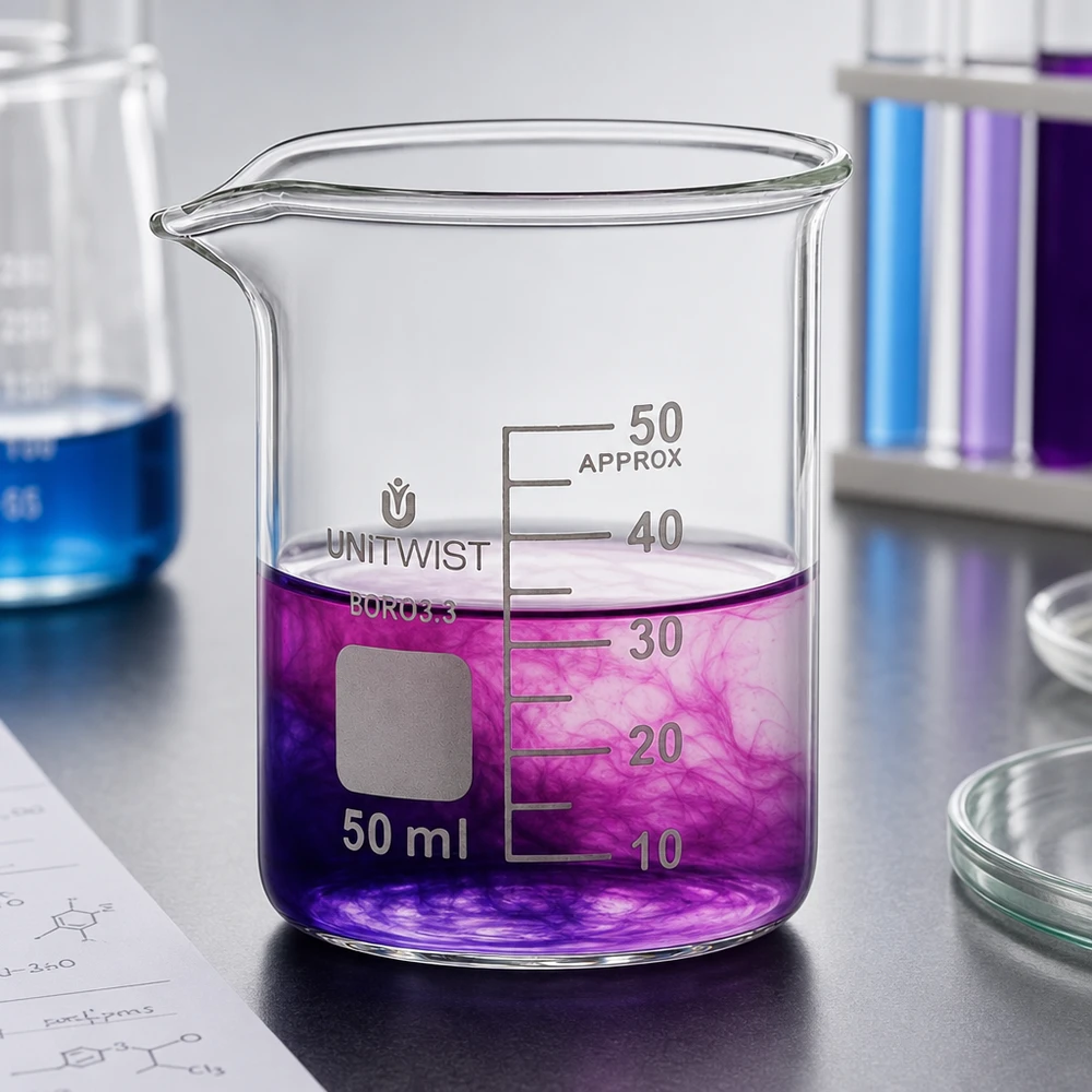 Bicchiere da laboratorio UNiTWIST da 50 ml, forma bassa, con liquido viola e sfumatura di colore