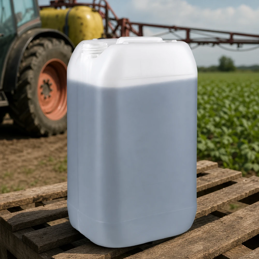Tanica 15 litri senza tappo Robusto contenitore da 15 litri senza tappo su pallet di legno davanti a un trattore agricolo